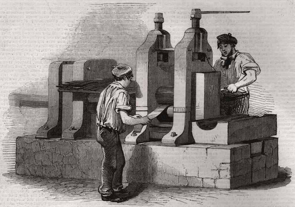 The manufacture of steel pens in Birmingham. Rolling the steel for pens 1851